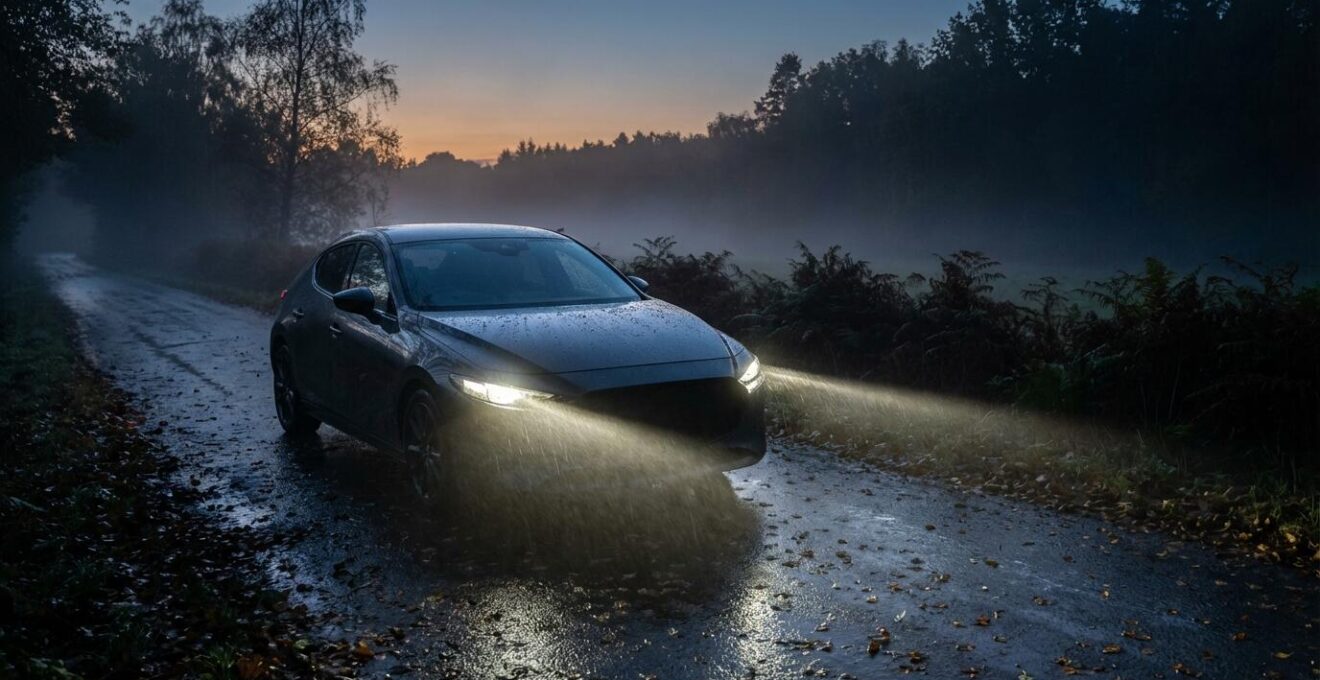 Système d'éclairage Matrix LED illuminant une route de campagne mouillée la nuit