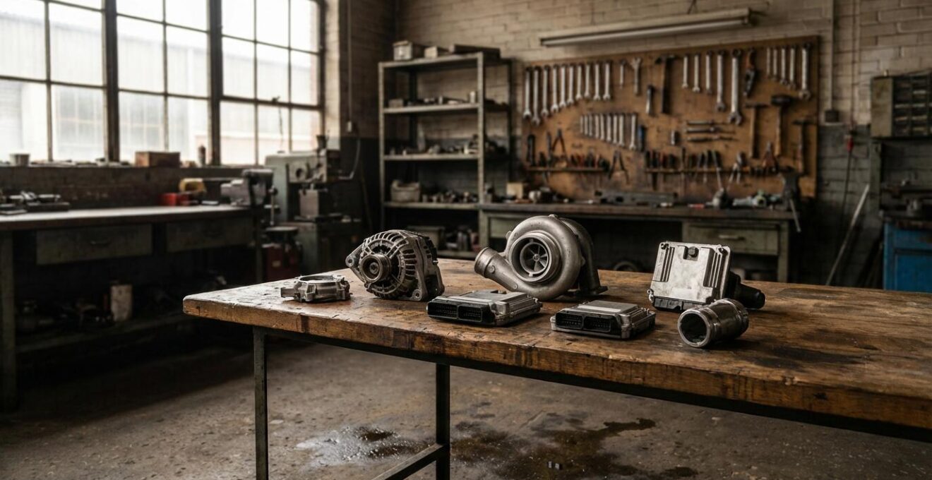 Pièces automobiles réparables disposées dans un atelier de mécanique traditionnel