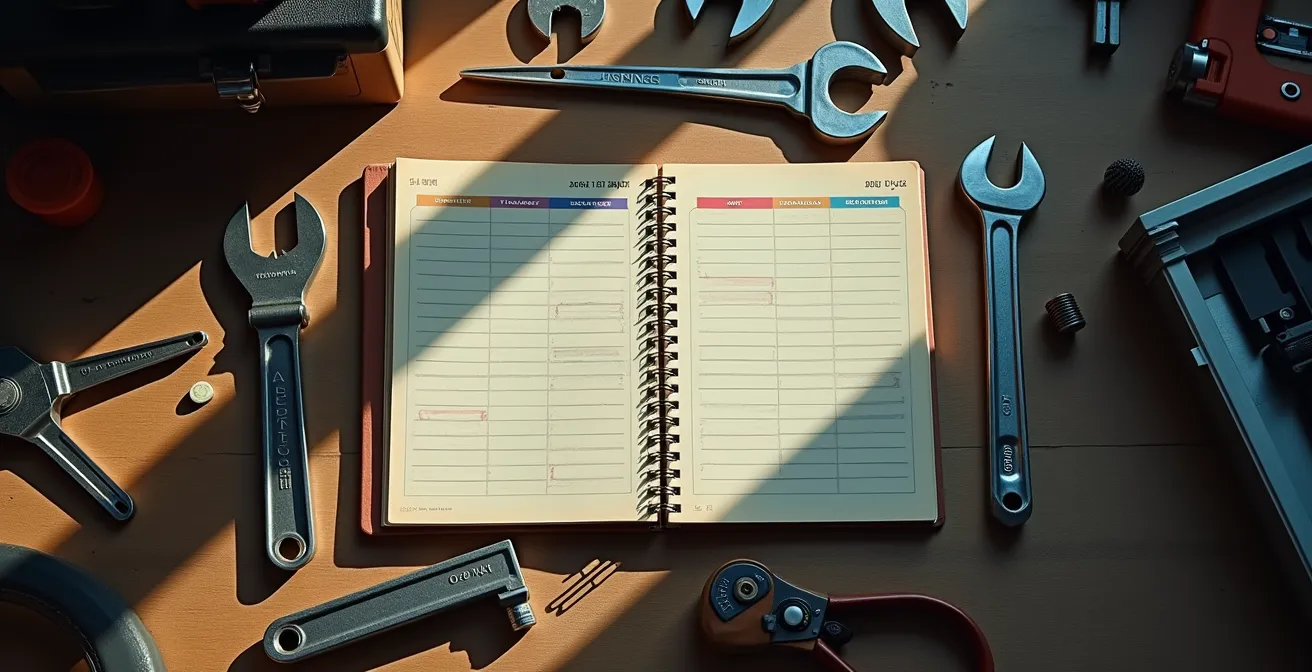 Vue en plongée d'un carnet de rendez-vous manuscrit dans un atelier automobile avec outils professionnels en arrière-plan