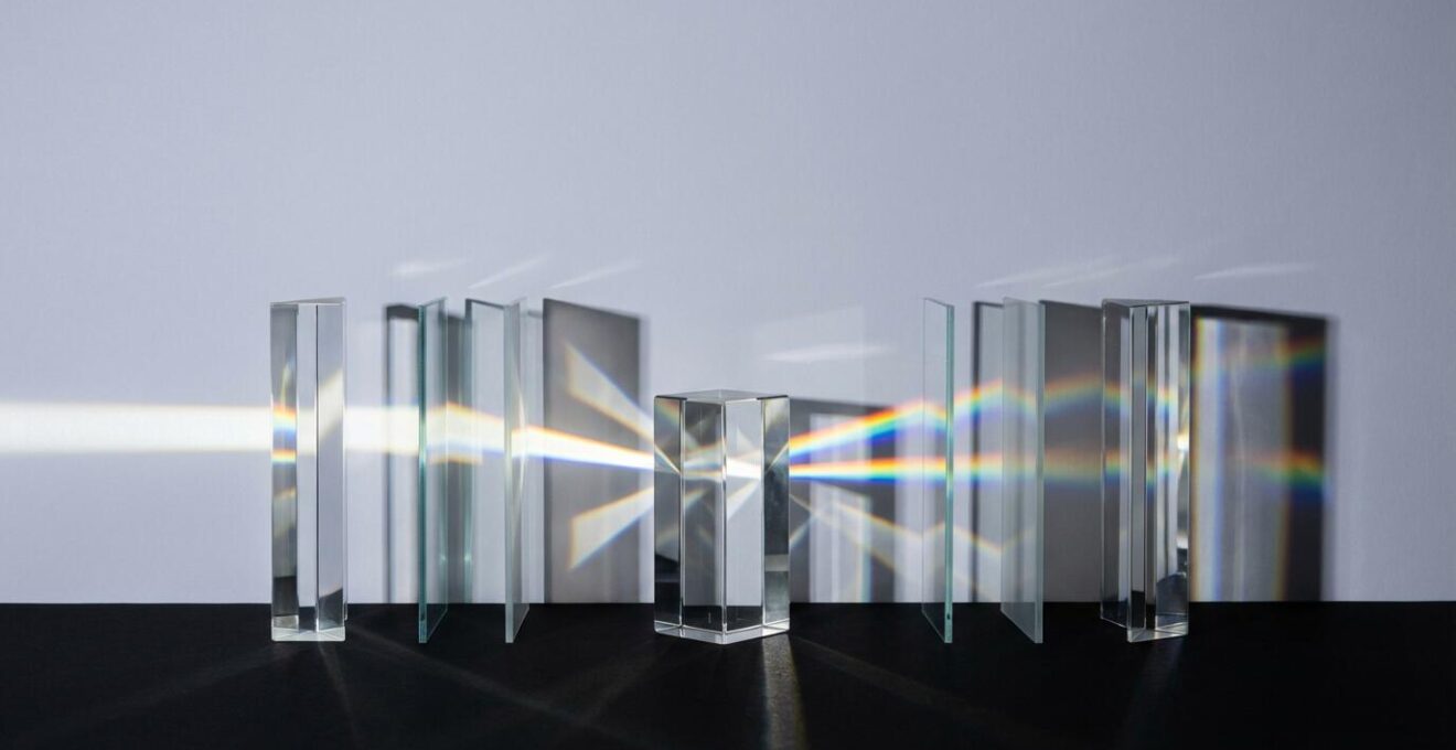 Gros plan sur des verres de lunettes avec des jeux de lumière montrant les effets de la polarisation, avec des reflets prismatiques.