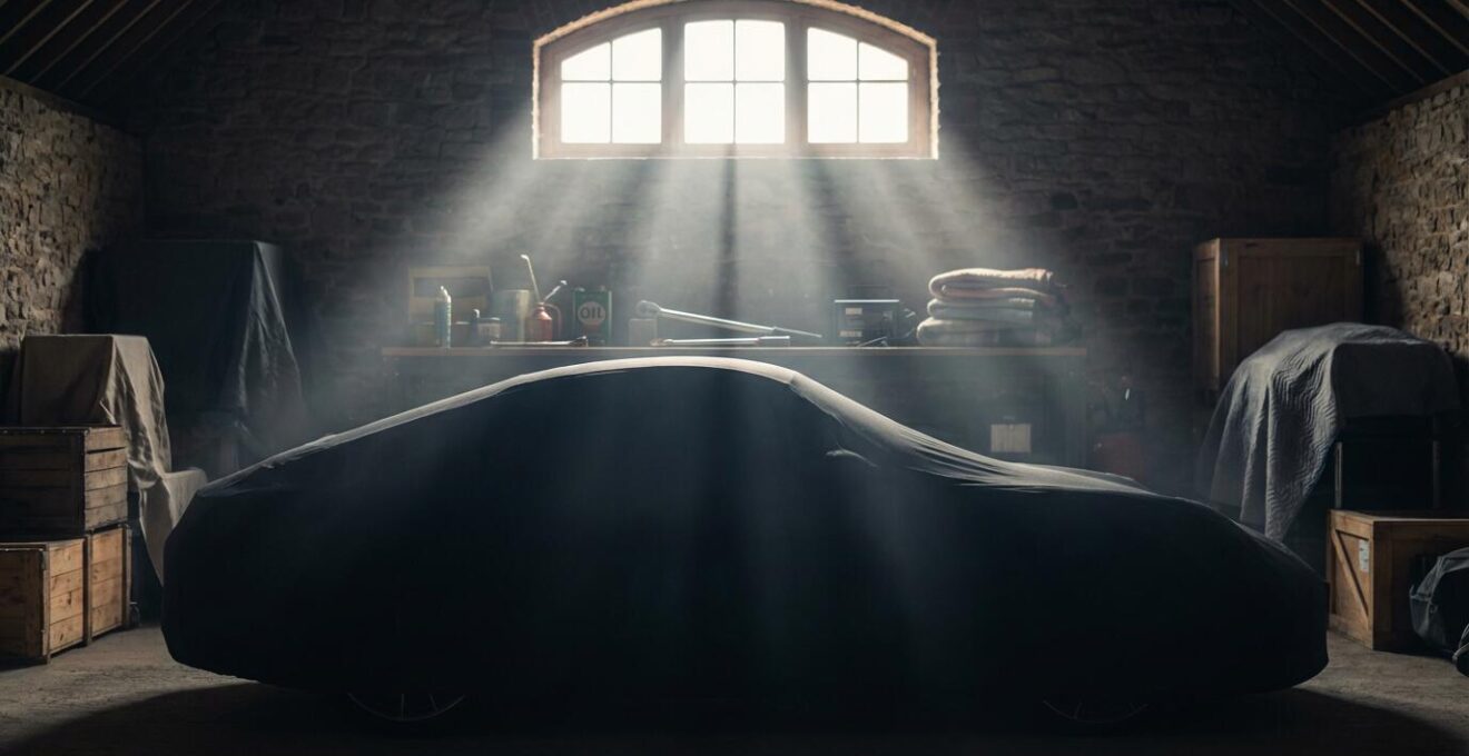 Porsche 911 sous housse de protection dans un garage pour hivernage