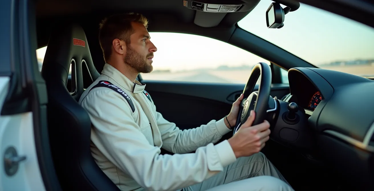 Vue latérale d'un pilote correctement installé dans un siège baquet avec angles ergonomiques