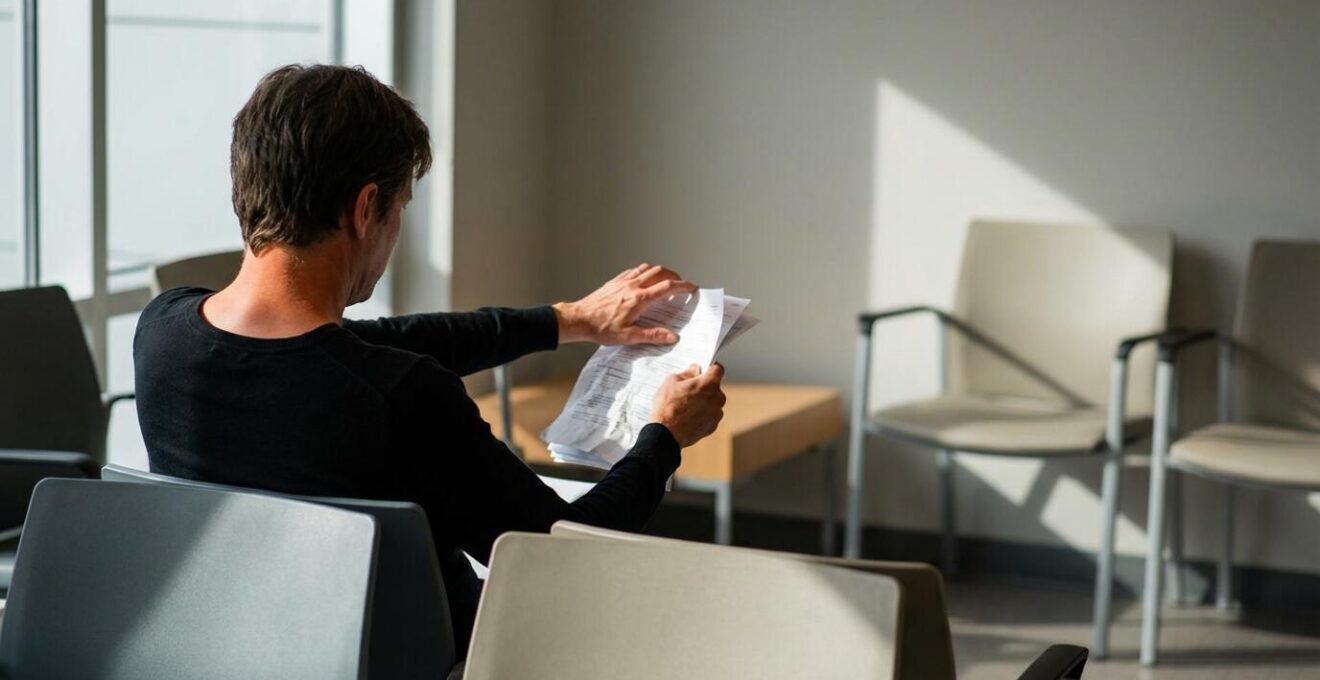 Personne attendant dans un hall moderne avec documents d'assurance, vue de dos