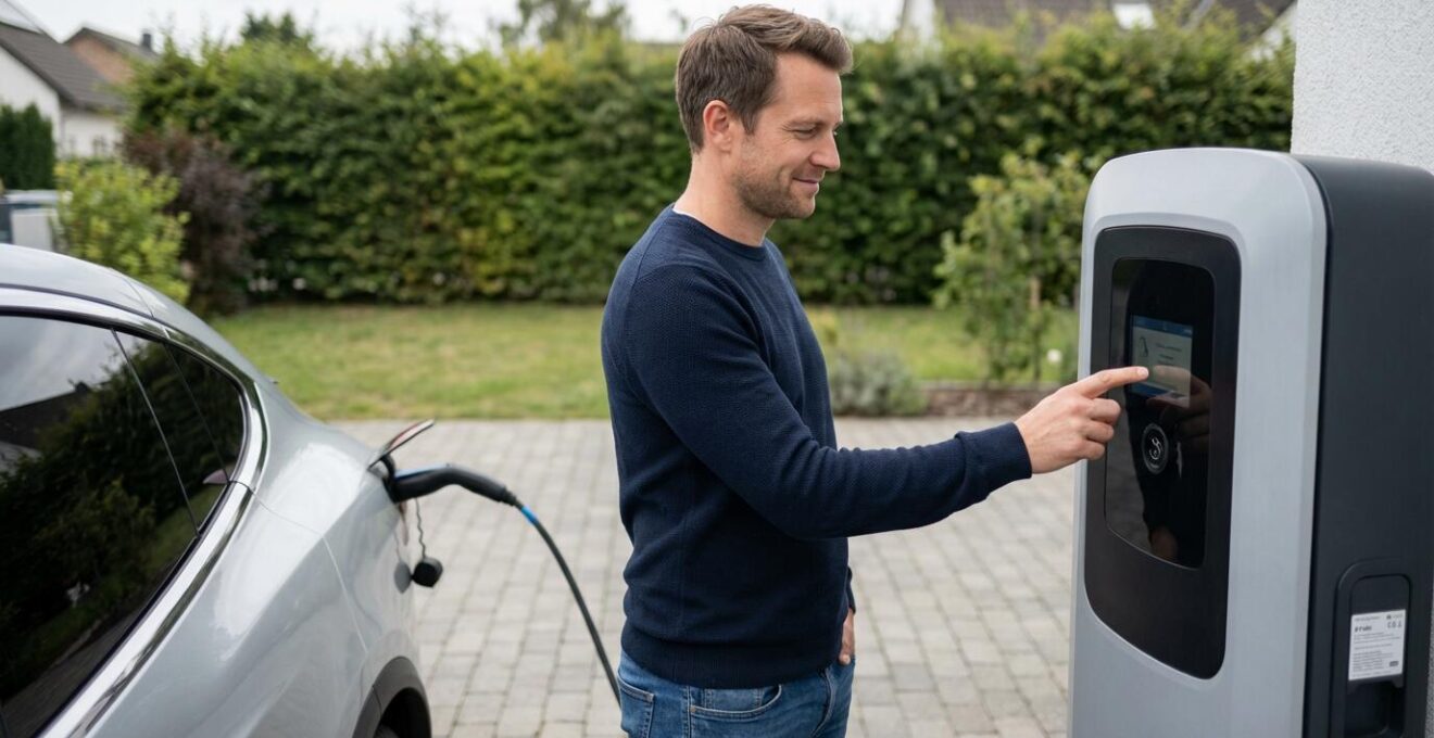 Propriétaire consultant la borne de recharge de sa voiture électrique dans son allée