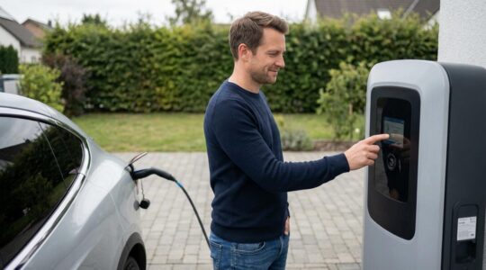 Propriétaire consultant la borne de recharge de sa voiture électrique dans son allée