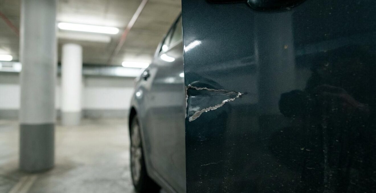 Détail de rayure sur carrosserie dans un parking, sinistre vandalisme