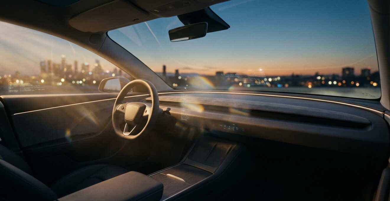 Vue intérieure d'une voiture moderne avec projection holographique sur pare-brise montrant navigation et données de conduite