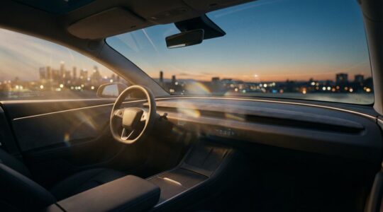 Vue intérieure d'une voiture moderne avec projection holographique sur pare-brise montrant navigation et données de conduite