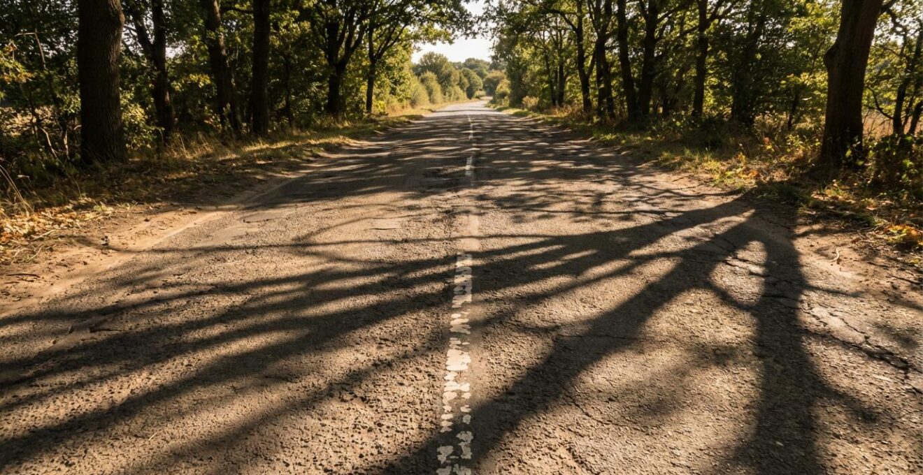Route de campagne avec marquage au sol dégradé et ombres d'arbres créant des contrastes