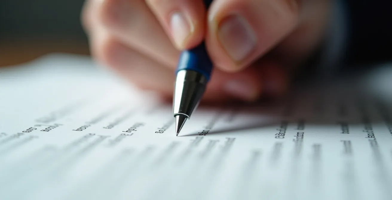 Très gros plan macro sur une main tenant un stylo au-dessus d'un document avec textures de papier et ombres douces