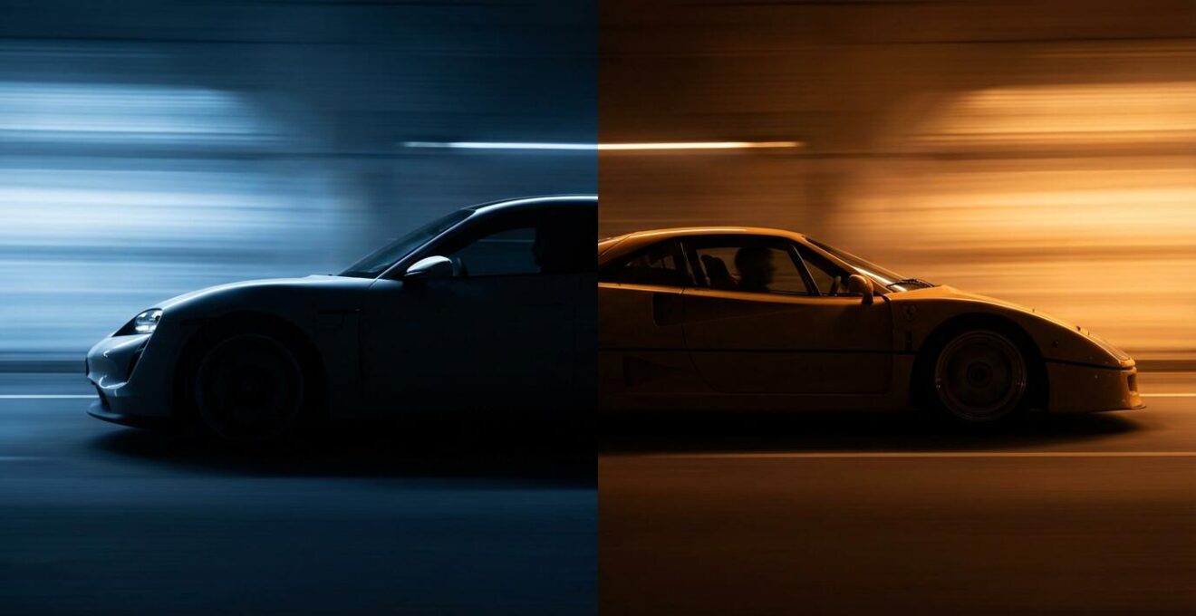 Comparaison symbolique entre une voiture électrique sportive moderne et une voiture thermique classique dans un environnement dynamique