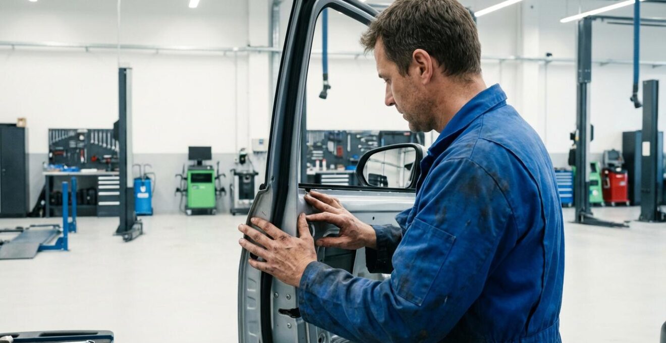 Expert automobile inspectant carrosserie pour expertise sinistre en atelier