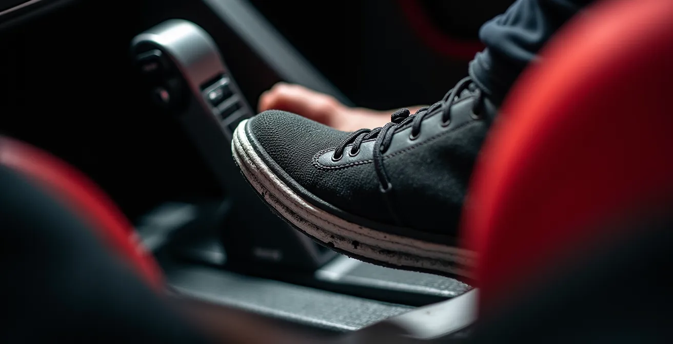 Gros plan sur pédale de frein avec pied en position trail braking