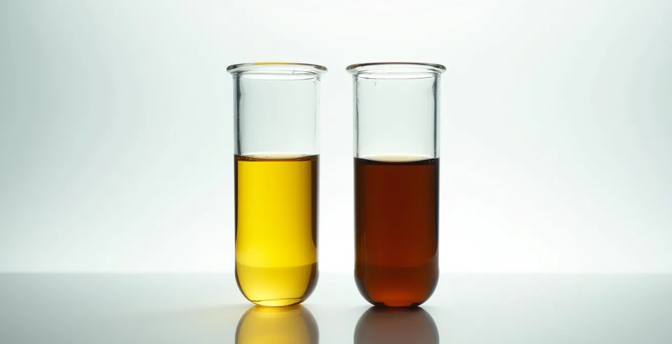 Comparaison visuelle entre liquide de frein neuf doré et usagé marron foncé