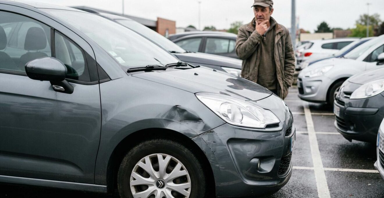 Véhicule avec dommage carrosserie sur parking, propriétaire préoccupé en arrière-plan - sinistre assurance auto