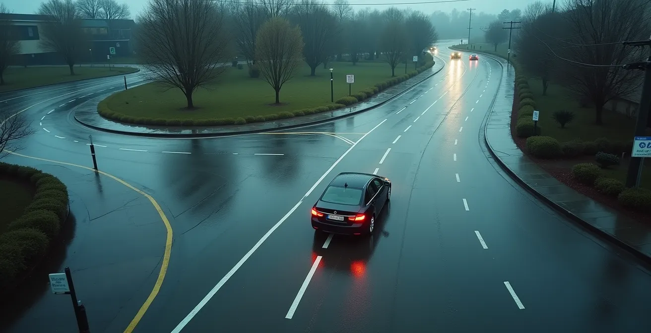 Vue aérienne d'un véhicule négociant un rond-point sous la pluie avec traces de trajectoire visibles