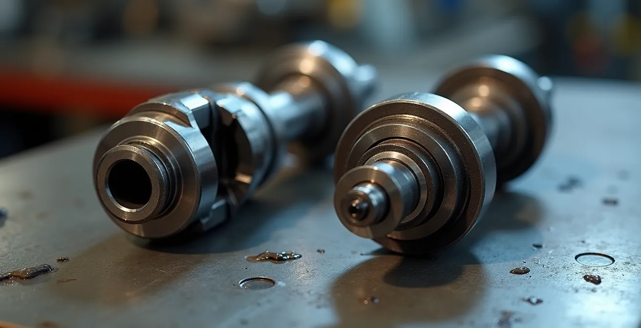 Comparaison technique entre vilebrequin crossplane et flatplane montrant les angles de calage
