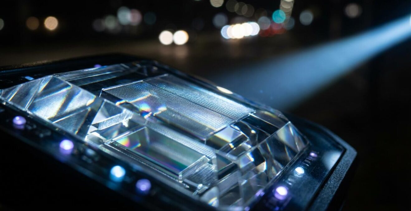 Vue nocturne depuis l'habitacle montrant la route éclairée avec des effets lumineux suggérant la détection thermique d'un piéton.