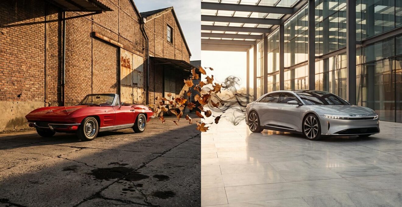 Comparatif visuel entre une voiture électrique moderne et une voiture thermique ancienne illustrant leur impact environnemental sur le cycle de vie