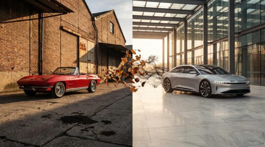 Comparatif visuel entre une voiture électrique moderne et une voiture thermique ancienne illustrant leur impact environnemental sur le cycle de vie