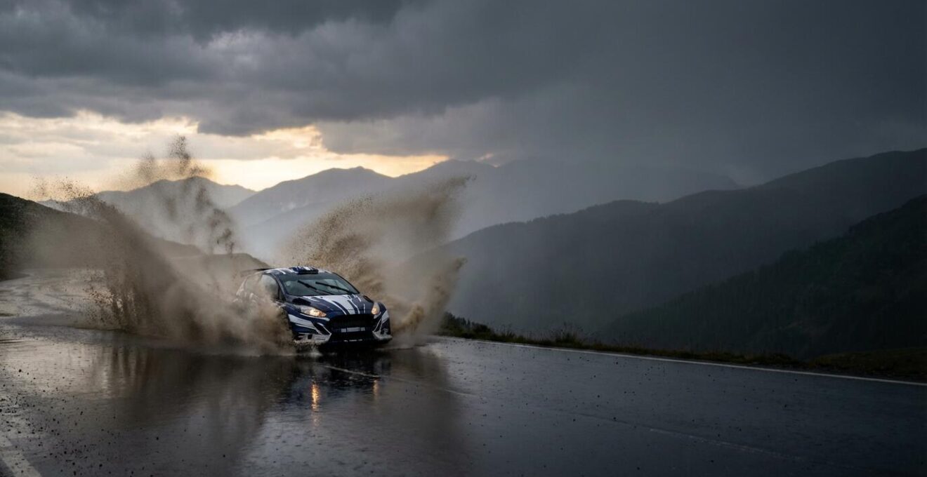 Vue cinématographique d'une voiture de rallye WRC projetant des gerbes d'eau sur route mouillée