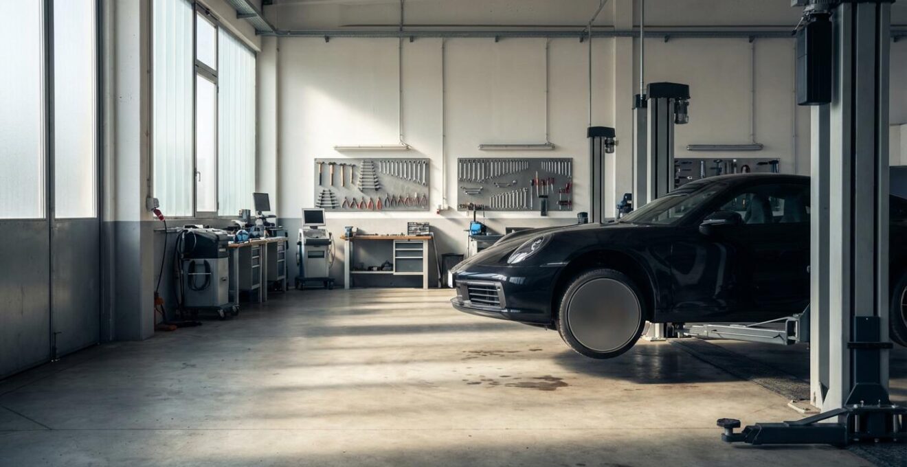Vue d'ensemble d'une voiture sportive dans un atelier mécanique professionnel avec outils et équipements visibles