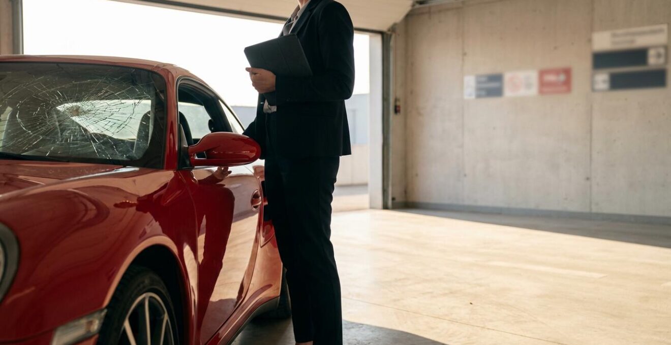 Vue rapprochée d'un pare-brise endommagé sur une voiture sportive avec un expert en assurance examinant les dégâts