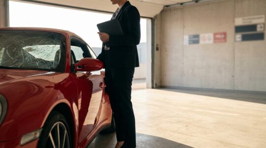 Vue rapprochée d'un pare-brise endommagé sur une voiture sportive avec un expert en assurance examinant les dégâts