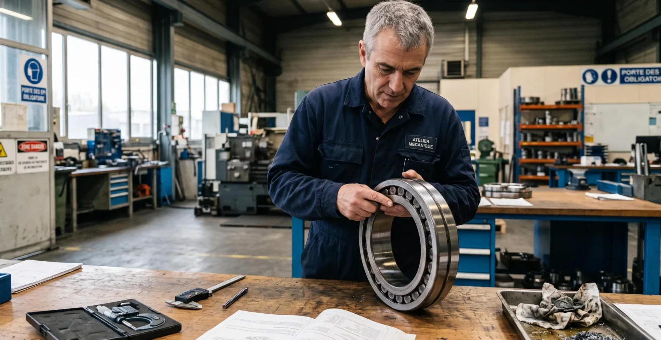Ingénieur mécanique inspectant un roulement à rouleaux industriel de grande taille dans un atelier de maintenance