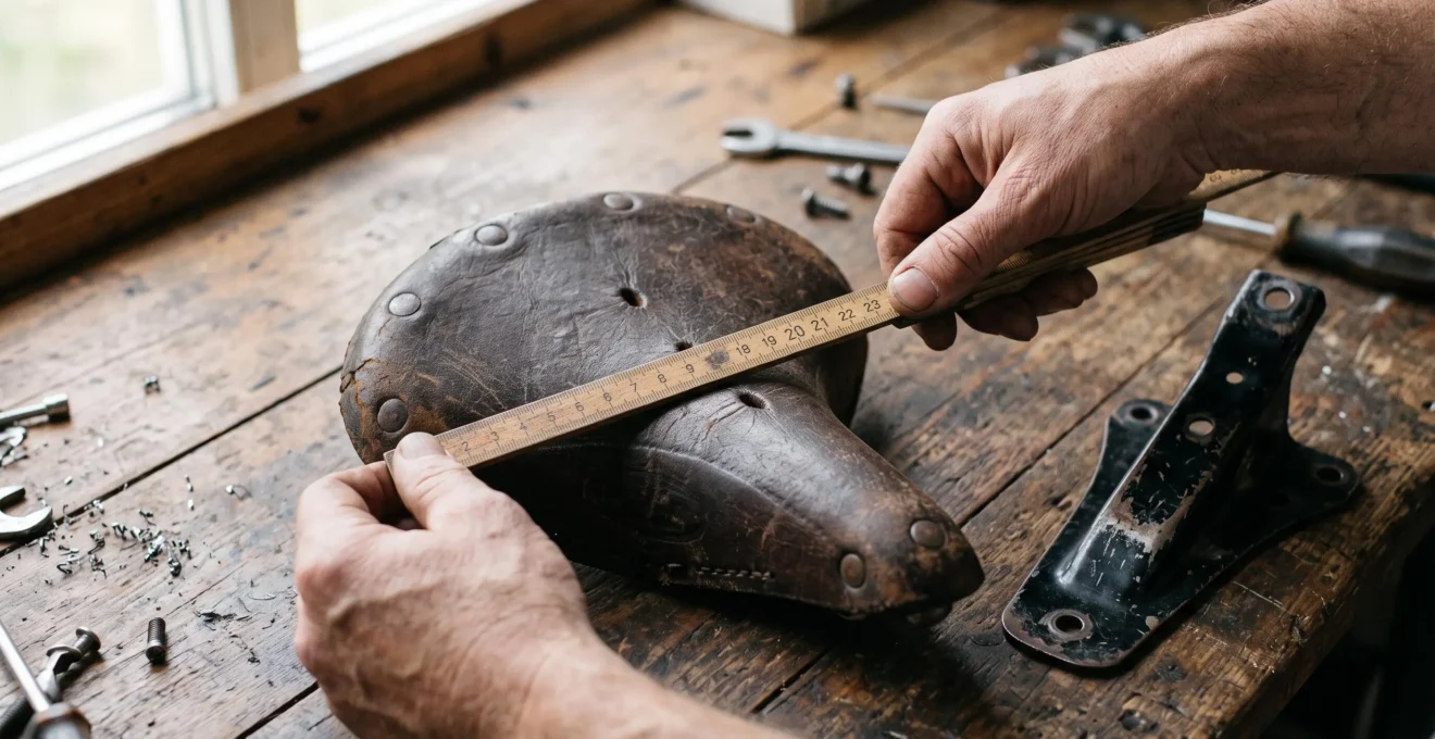 Des mains mesurent la largeur d'une selle posée sur un établi en bois.