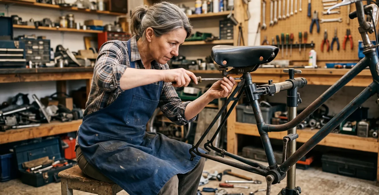 Un restaurateur serre les fixations d'une selle sur un cadre de Solex en atelier.