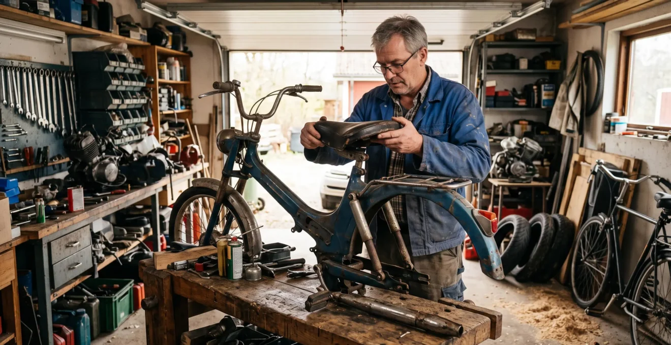 Un propriétaire présente une selle en cuir au-dessus d'un Solex dans son garage.