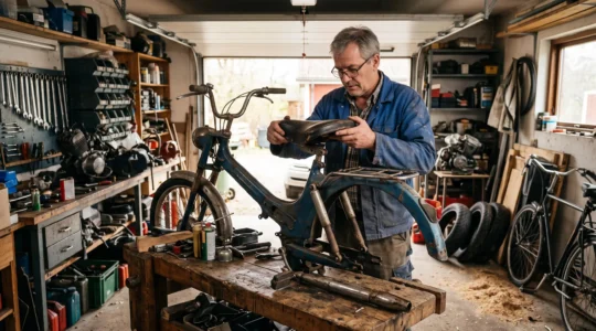 Un propriétaire présente une selle en cuir au-dessus d'un Solex dans son garage.
